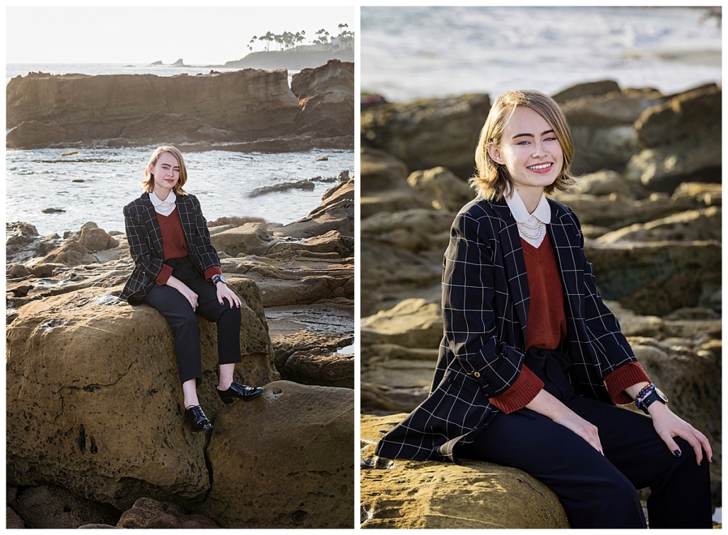 Orange county senior at Rock Pile in Laguna Beach getting portraits taken.