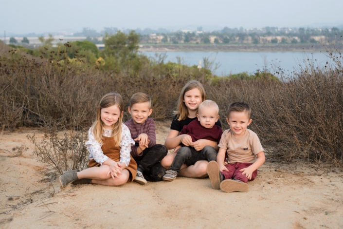 Five kids at a family photo session in Newport Beach's upper back bay