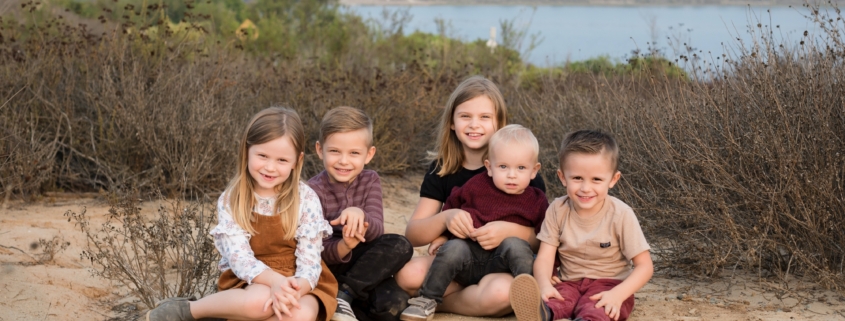 Five kids at a family photo session in Newport Beach's upper back bay