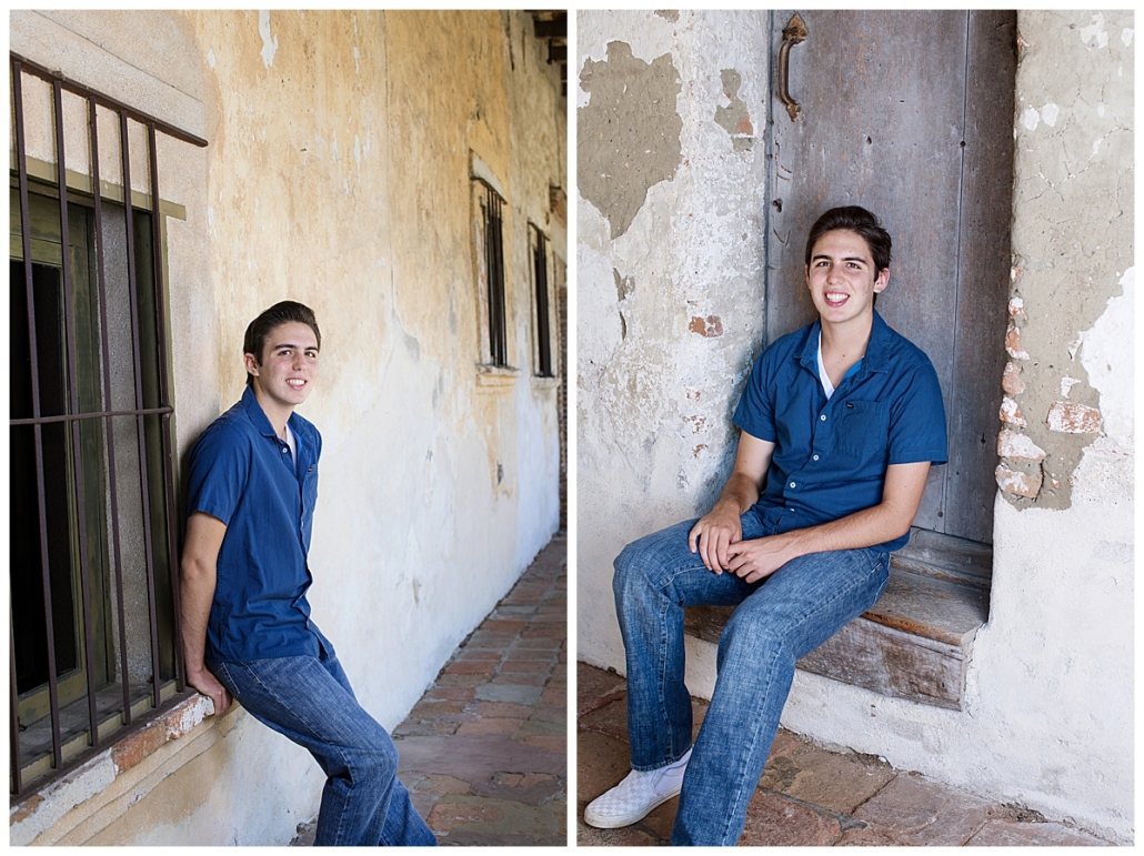 Mission San Juan Capistrano high school senior guy pics in a doorway