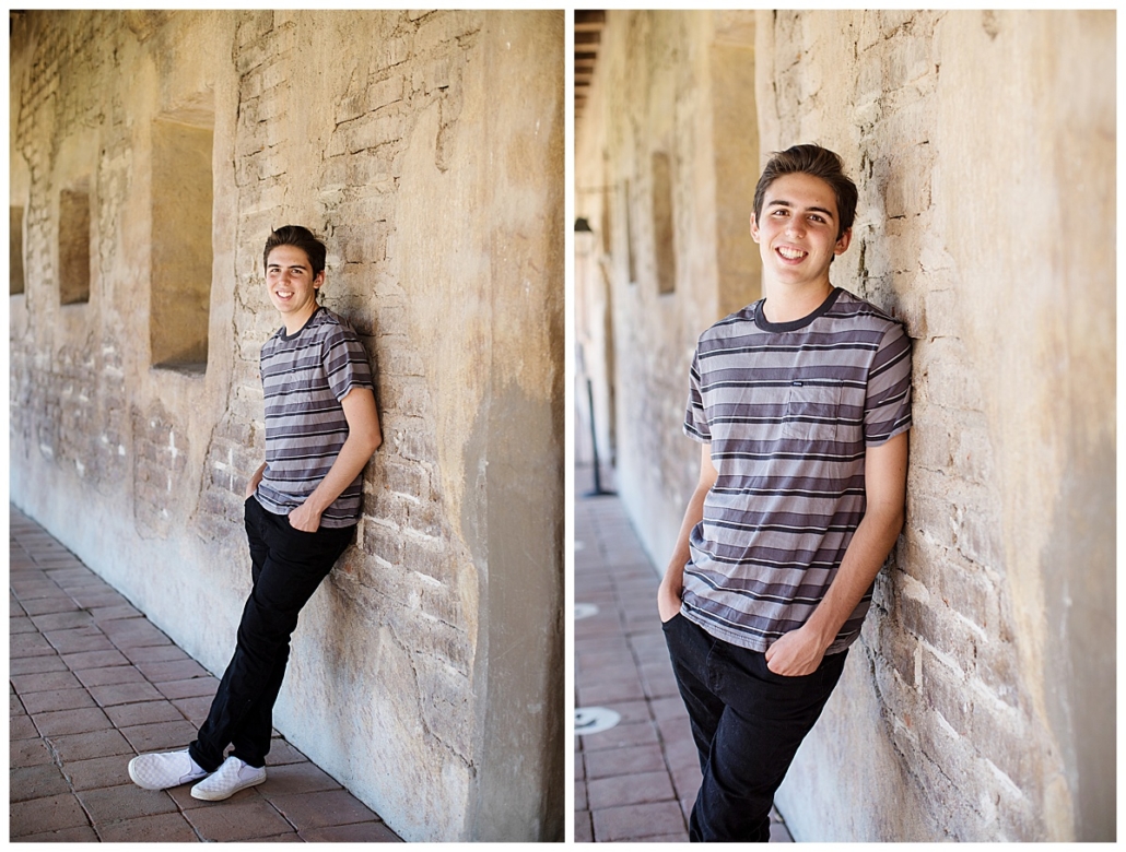 High Schoo senior guy pic session leaning on a wall in the Mission In San Juan Capistrano