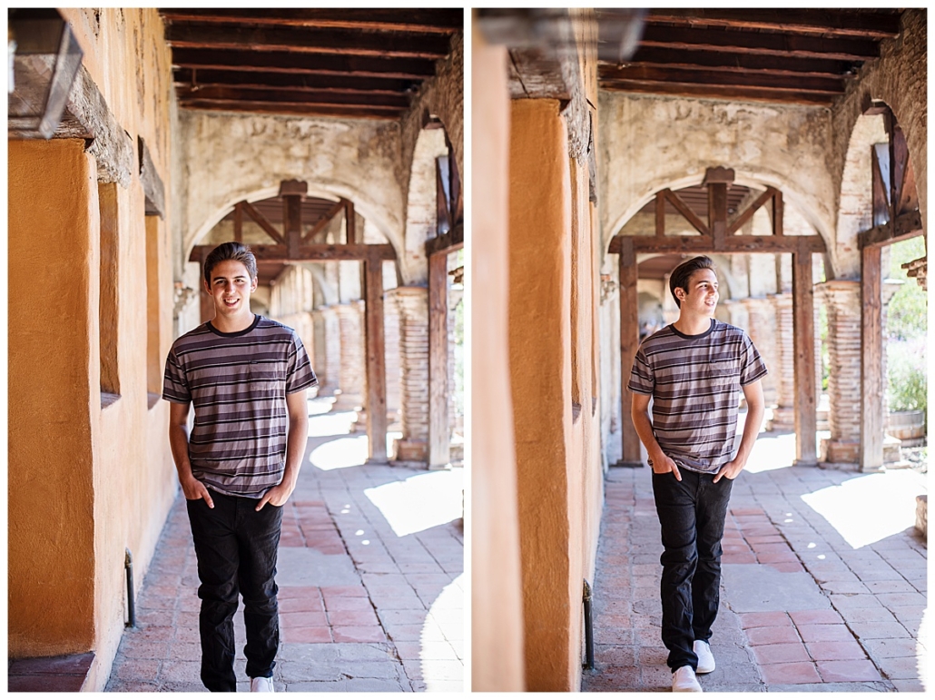 High School senior guy pic session walking in the archways of the Mission in San Juan Capistrano