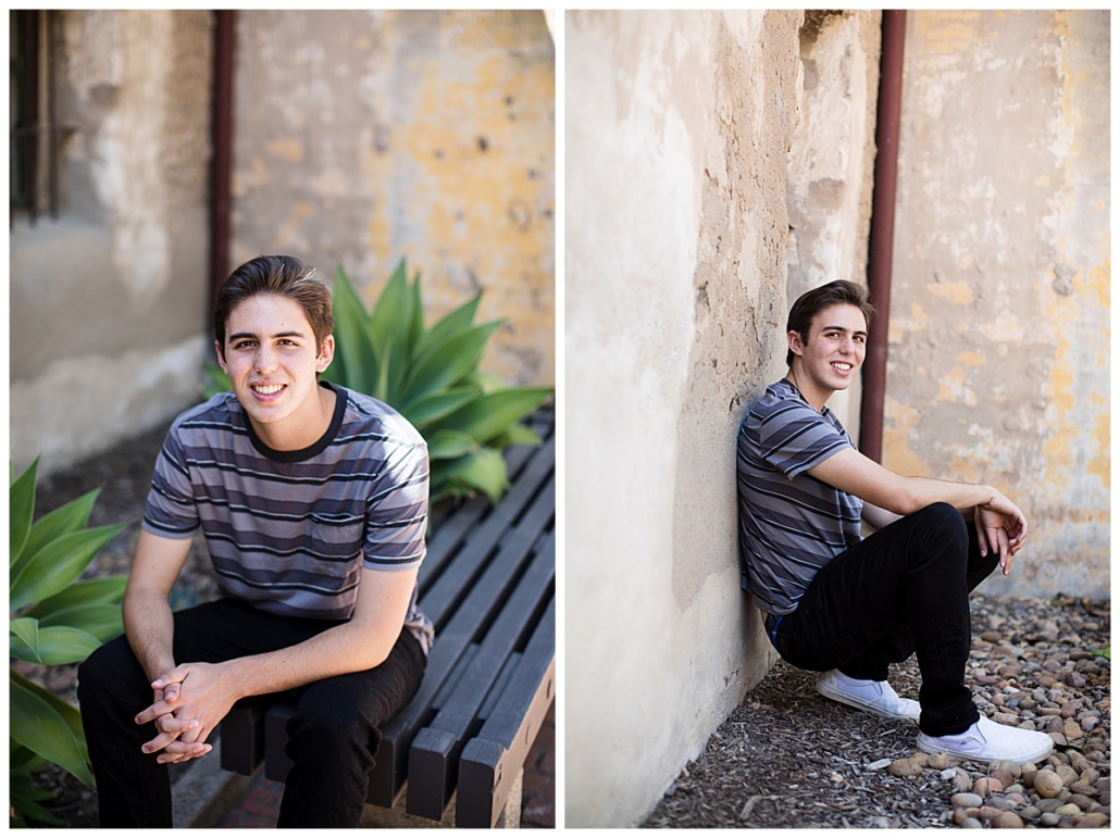 In the garden at the Mission in San Juan Capistrano at a high school senior portrait session