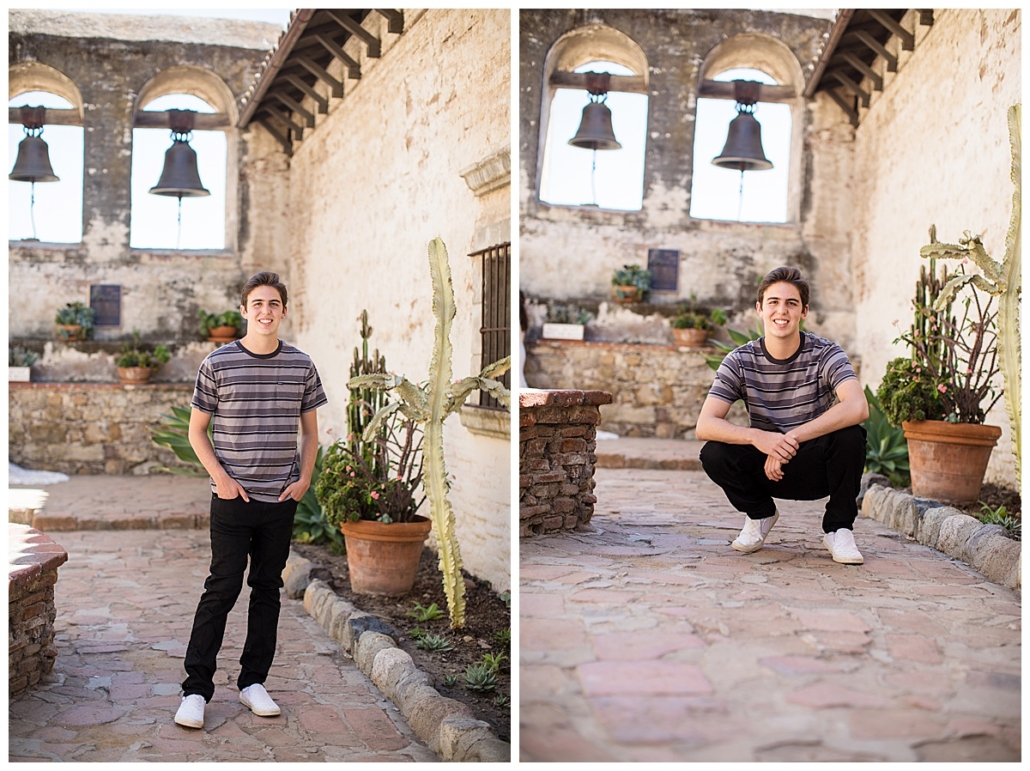 High School senior guy pic session in the bell courtyard at the Mission in San Juan Capistrano