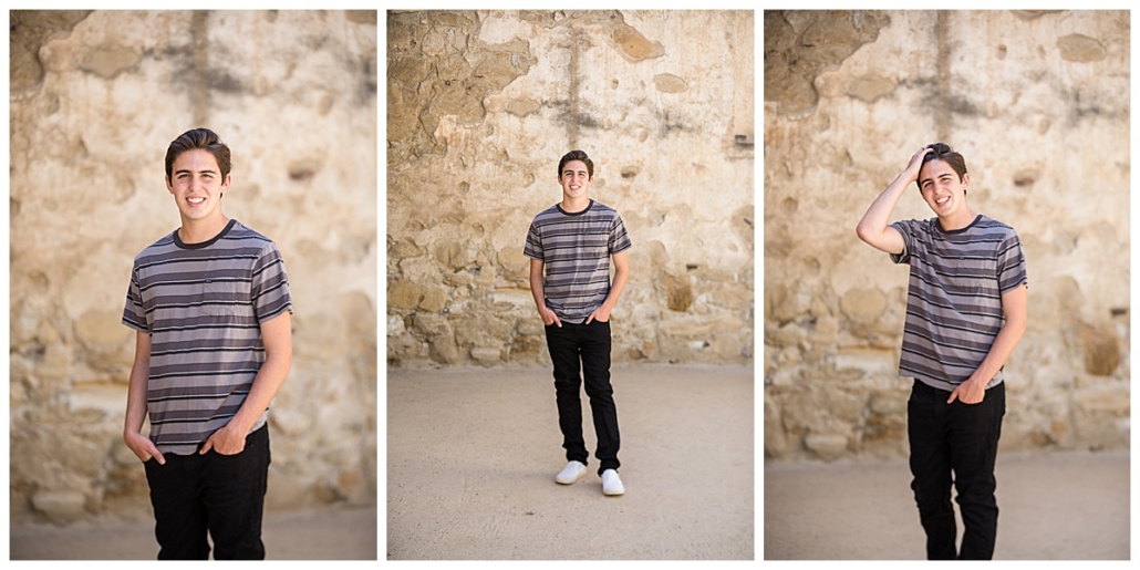 high school senior guy posing with hands in pocket at the mission in San Juan Capistrano