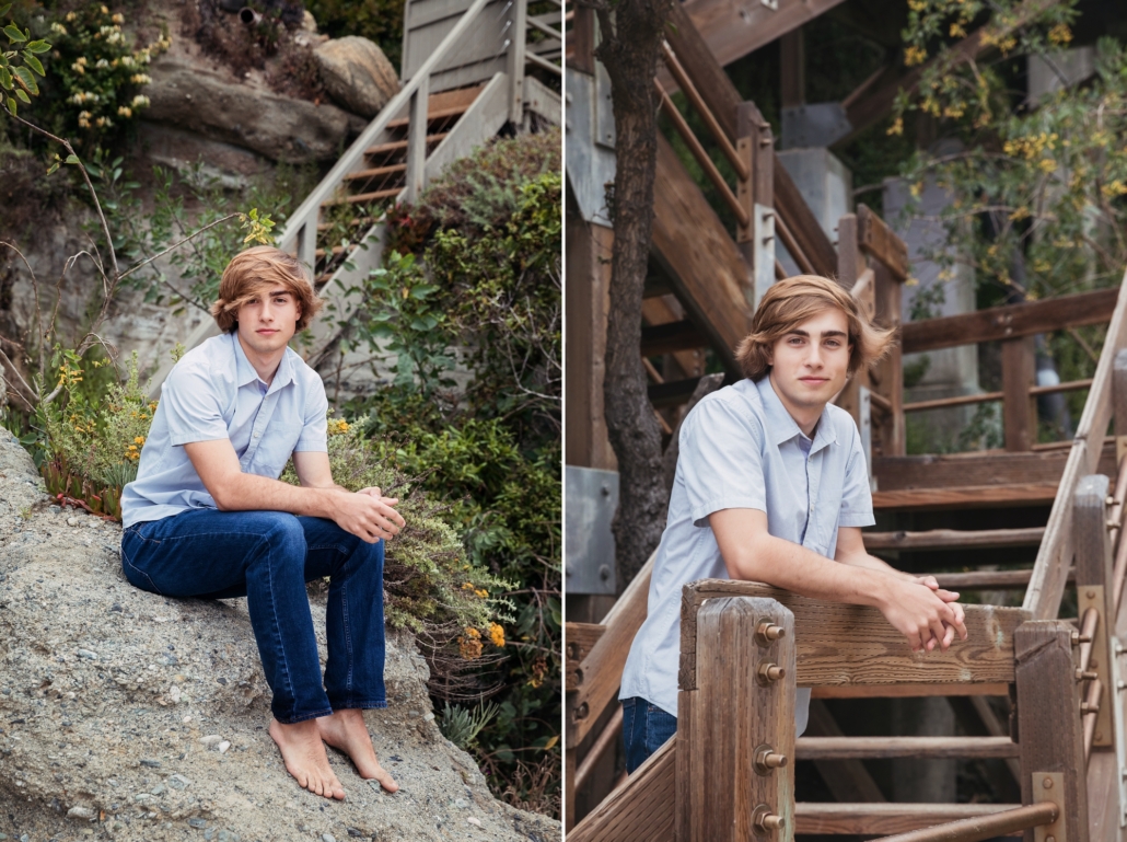 High school senior portraits at Table Rock beach with an urban background.