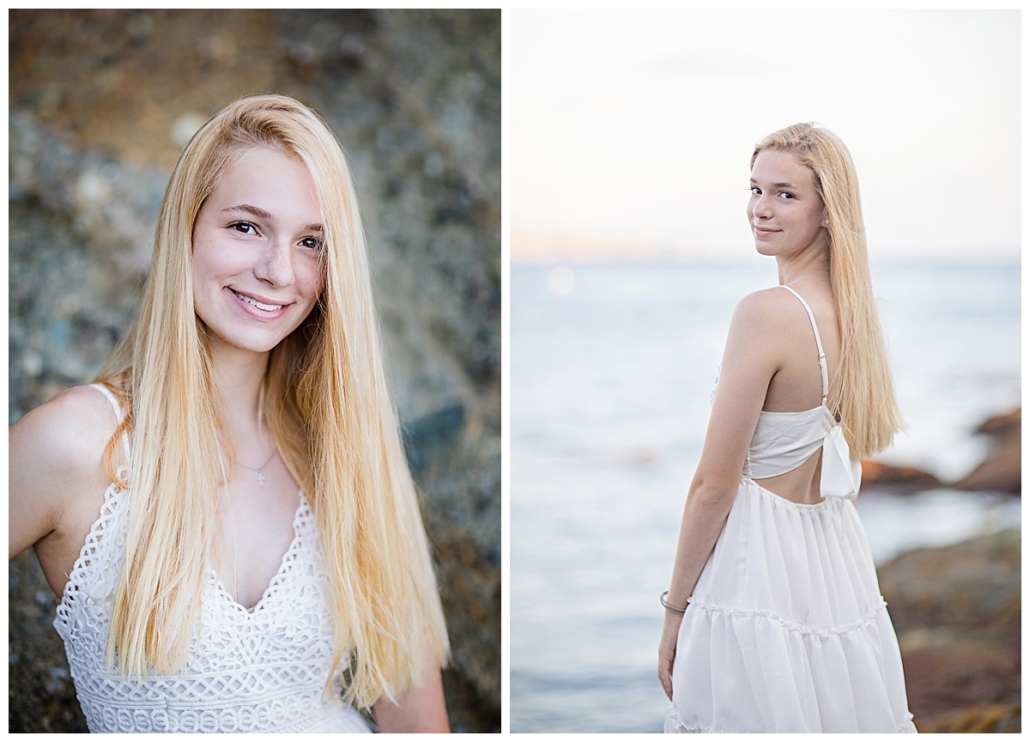 High school senior portraits in a white dress at the beach in front of the Montage Resort at Sunset