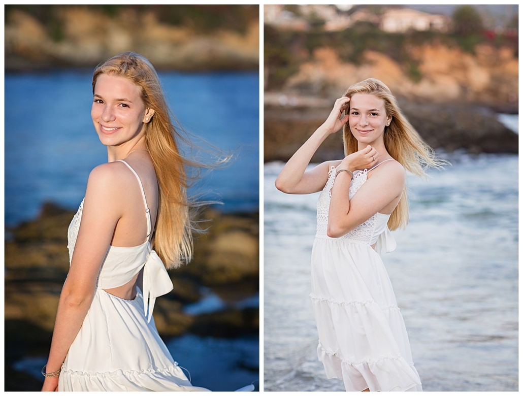 Natural light high school senior portraits at the beach in front of the Montage Resort