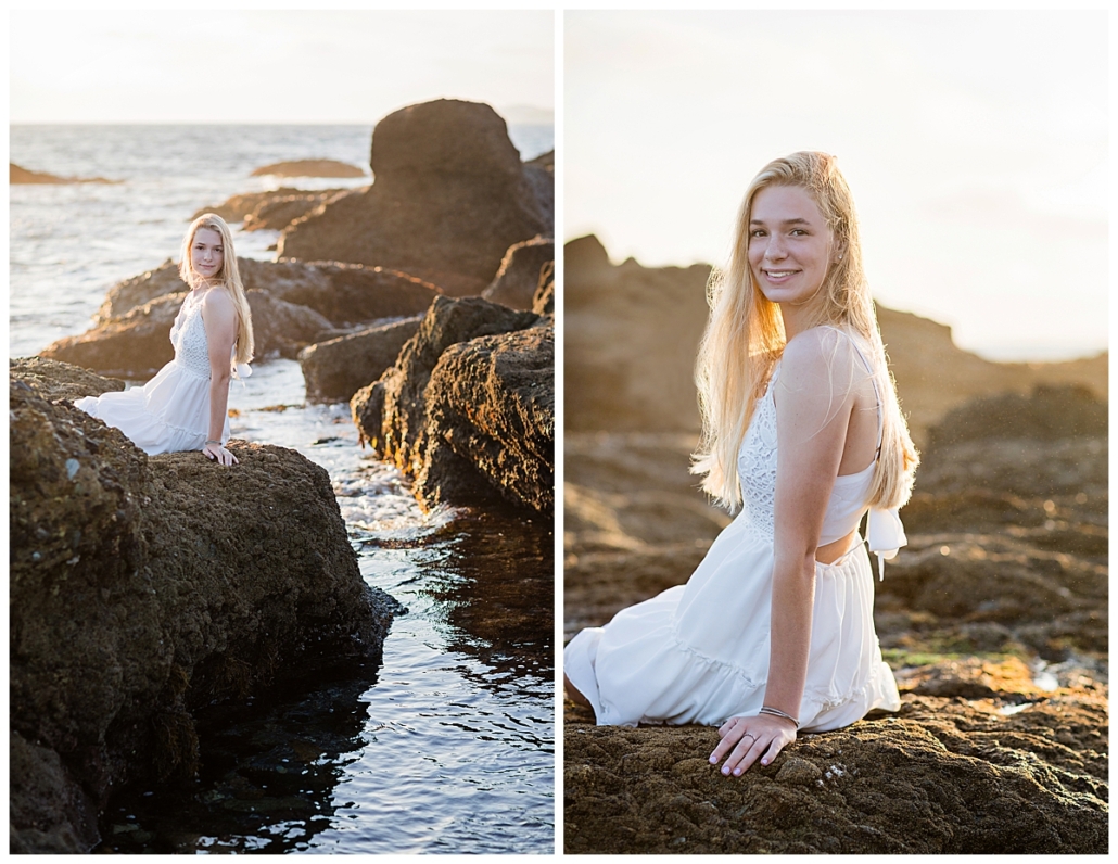 Girl High School Senior portraits in a white dress at the beach in Orange County