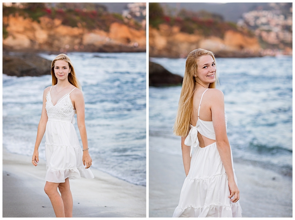 High School senior portraits playing in the ocean at the beach in Laguna Beach