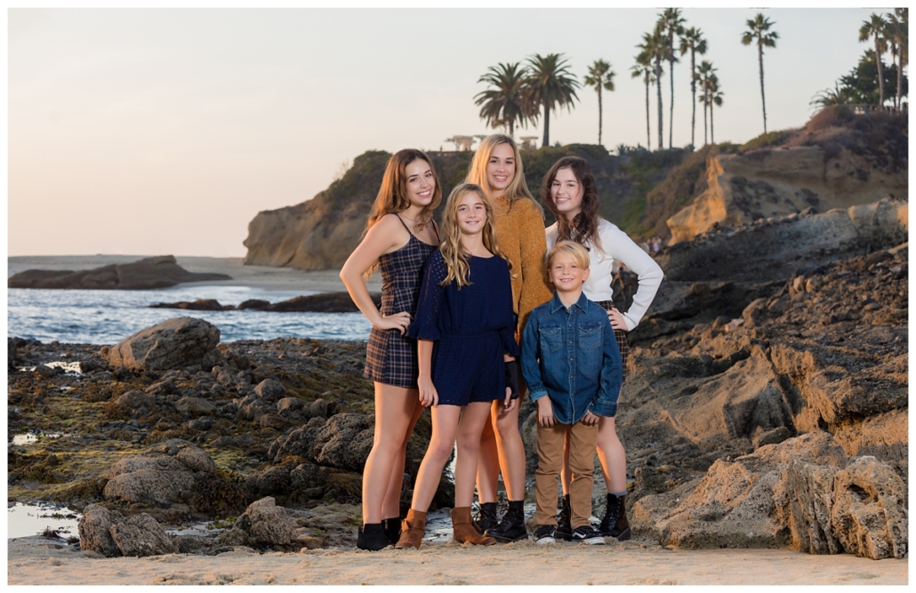 Orange County Family of 5 at the Montage Beach in Laguna Beach for a family portrait session.  The family selected all Fall colors for their sunset session and they look great.