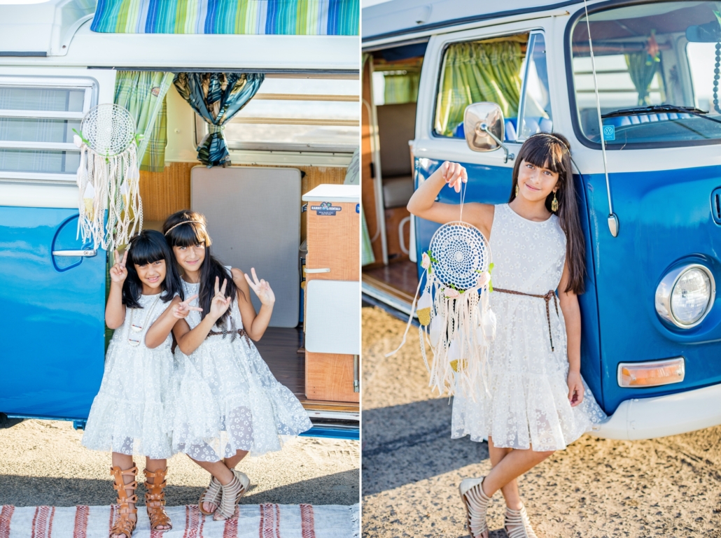 Boho inspired family portrait session in Orange County CA in front of a vintage van
