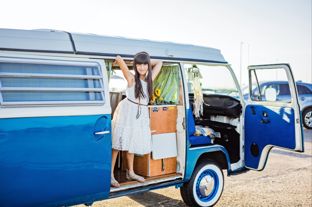 Vintage Blue VW van family portrait session in Orange County CA