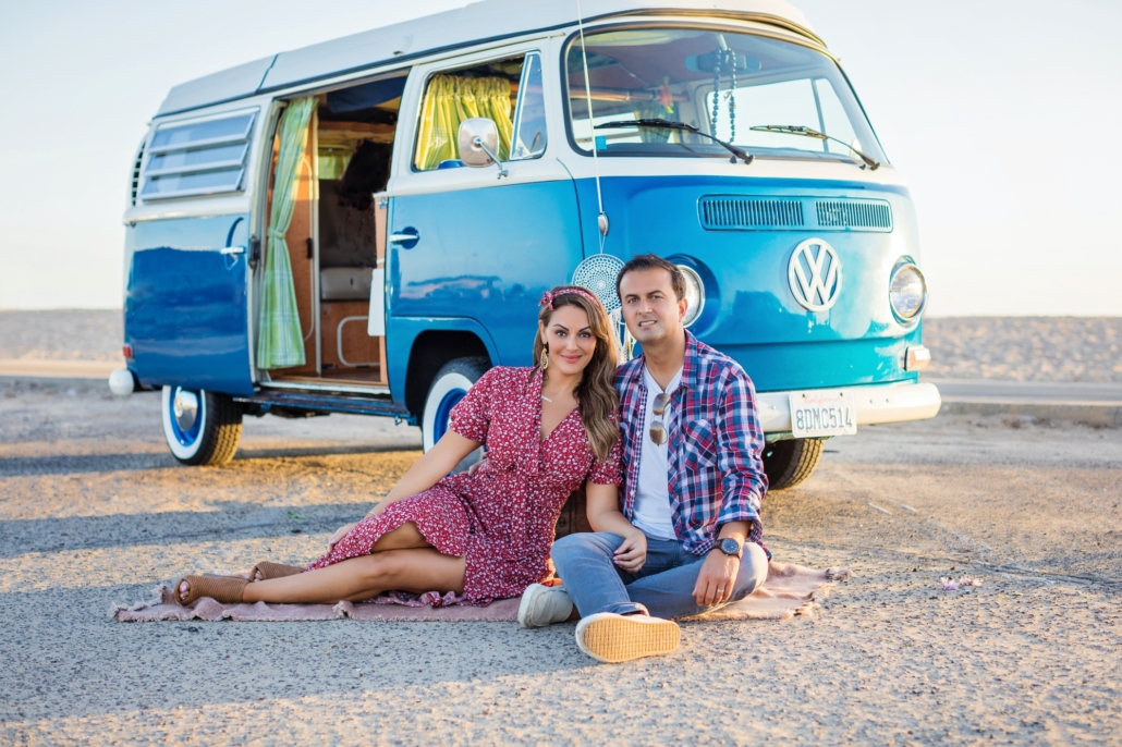 Huntington beach family portrait session in a vintage VW van.