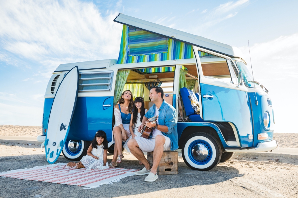 Styled professional photography session with a VW bus in Huntington Beach in Orange County