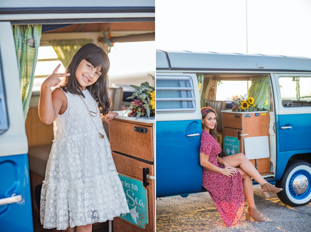 Mother and Daughter in a VW vintage van in Orange County, CA