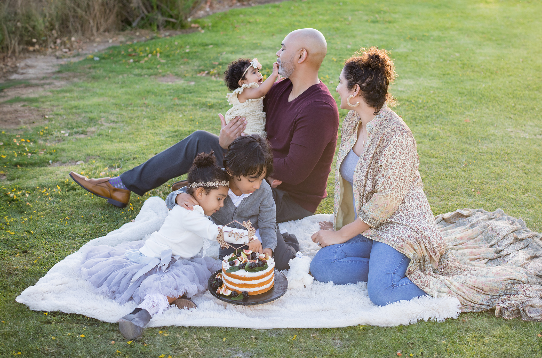 Golden hour summer family photos with a perfectly planned picnic and cake smash included in the photography session,