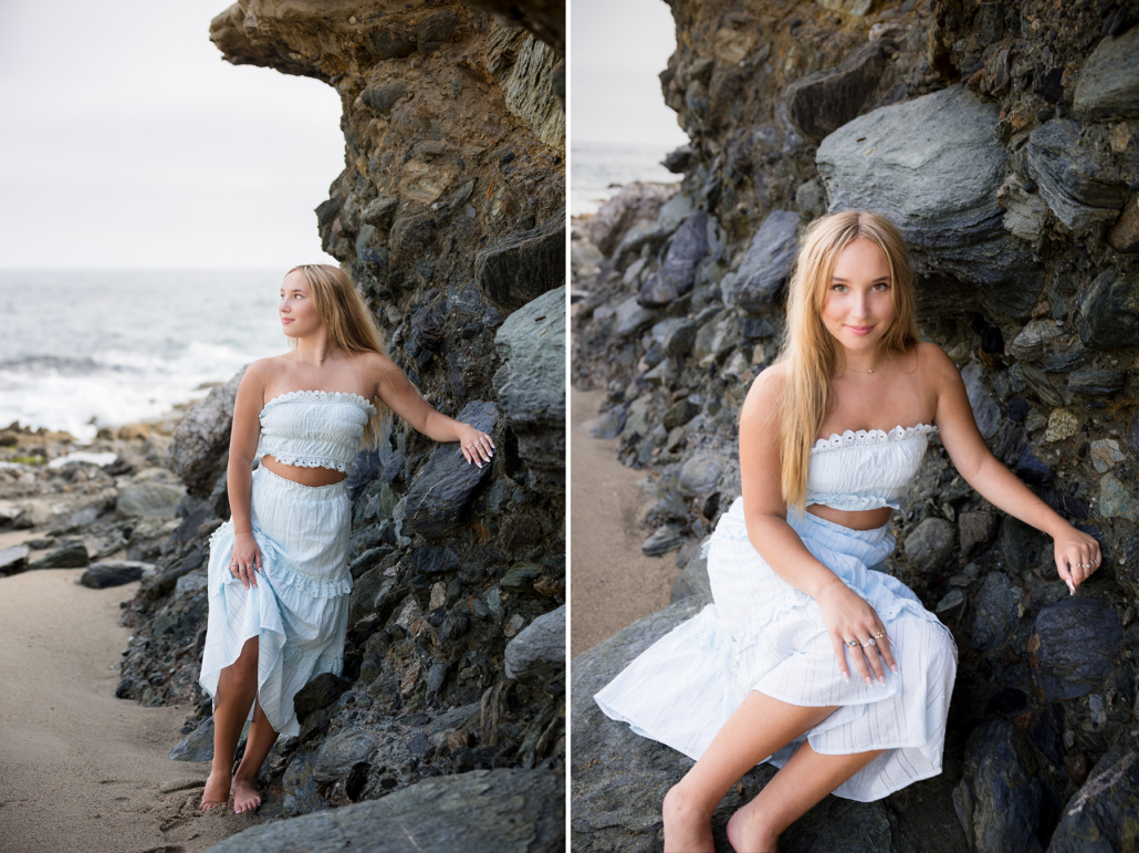 Laguna Beach high school senior photography on the rocks at Table Rock beach. This was a destination photography session.