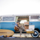 Vintage VW bus rental for a high school senior portrait session on Bolsa Chica state beach