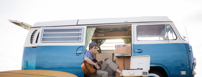 Vintage VW bus rental for a high school senior portrait session on Bolsa Chica state beach