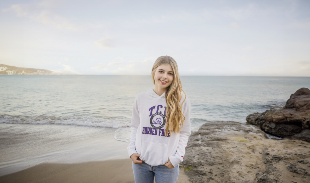 TCU bound high school graduate gets Professional Senior Photography at Crescent Bay Beach