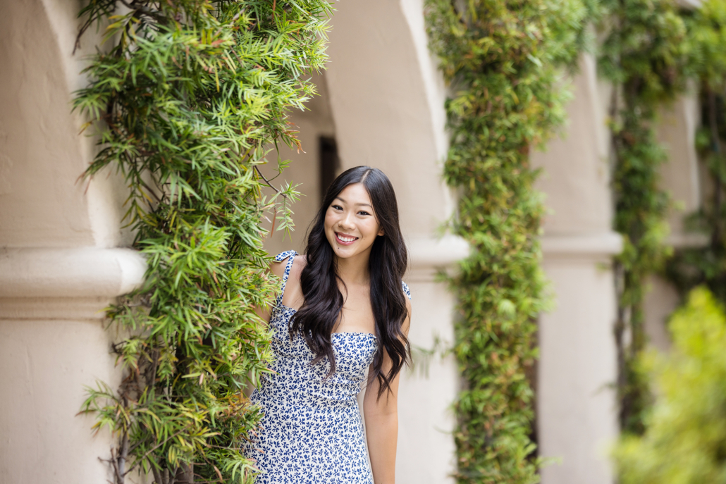 Senior portraits of a girl taken in downtown Laguna Beach at the Presbyterian Church