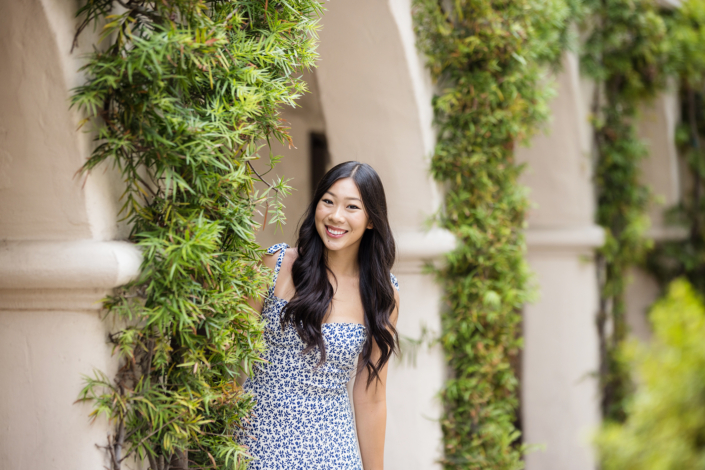 Senior portraits of a girl taken in downtown Laguna Beach at the Presbyterian Church