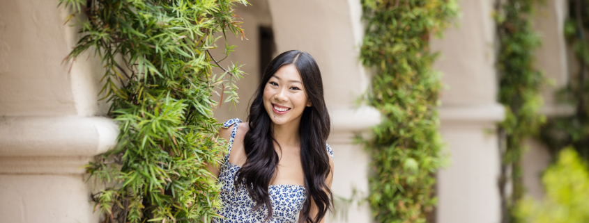 Senior portraits of a girl taken in downtown Laguna Beach at the Presbyterian Church