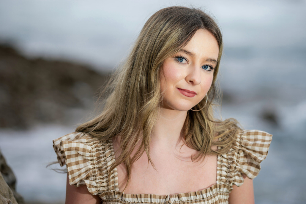 Modern editorial senior portrait using studio lighting on an overcast day in Laguna Beach